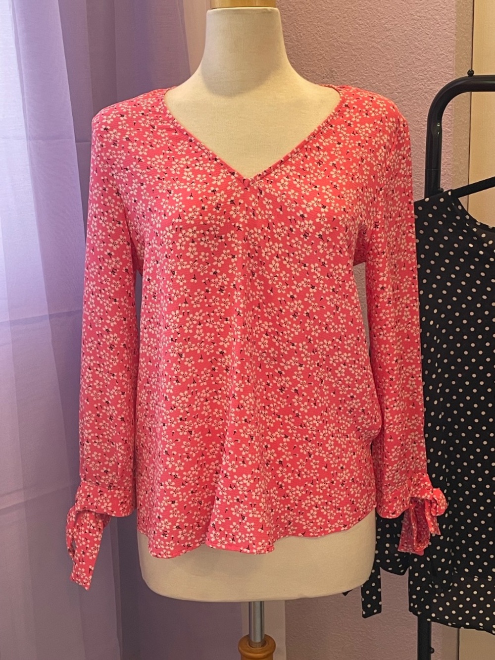 CeCe V-Neck Blouses BUNDLE of TWO Size SMALL, Pink Floral Black Dots! NWOT